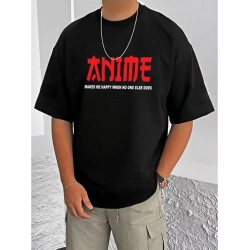 Men's Casual Cotton Blend Printed Round Neck Half Sleeve T-Shirt (Black)