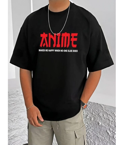 Men's Casual Cotton Blend Printed Round Neck Half Sleeve T-Shirt (Black)