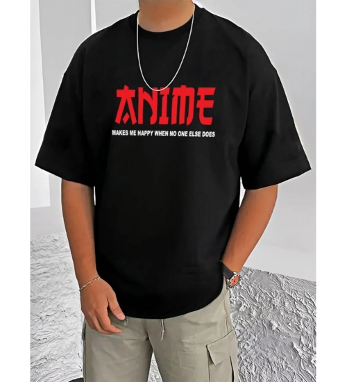 Men's Casual Cotton Blend Printed Round Neck Half Sleeve T-Shirt (Black)