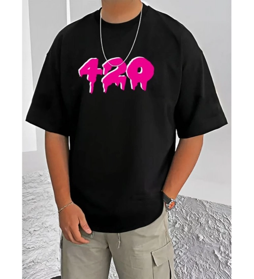 Men's Casual Cotton Blend Printed Round Neck Half Sleeve T-Shirt (Black)