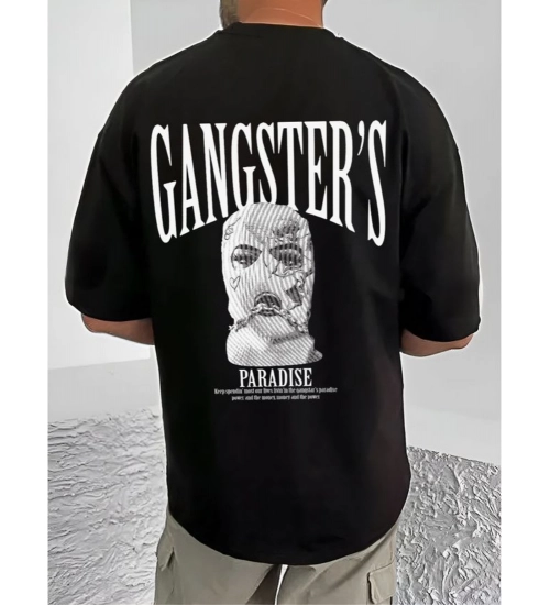 Men's Casual Cotton Blend Printed Round Neck Half Sleeve T-Shirt (Black)