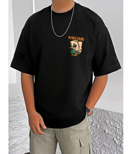 Men's Casual Cotton Blend Printed Round Neck Half Sleeve T-Shirt (Black)
