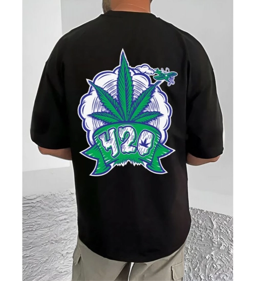 Men's Casual Cotton Blend Printed Round Neck Half Sleeve T-Shirt (Black)