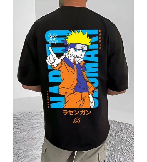 Men's Casual Cotton Blend Printed Round Neck Half Sleeve T-Shirt (Black)