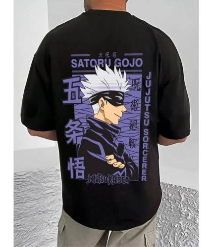Men's Casual Cotton Blend Printed Round Neck Half Sleeve T-Shirt (Black)