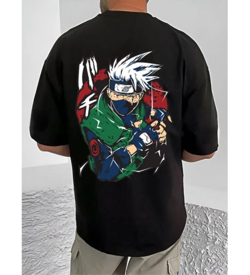 Men's Casual Cotton Blend Printed Round Neck Half Sleeve T-Shirt (Black)