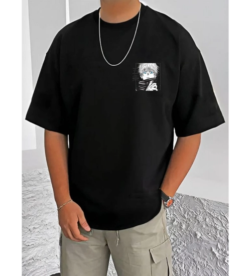 Men's Casual Cotton Blend Printed Round Neck Half Sleeve T-Shirt (Black)