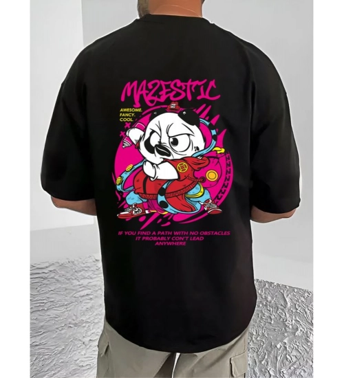 Men's Casual Cotton Blend Printed Round Neck Half Sleeve T-Shirt (Black)