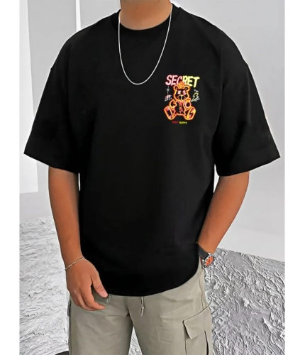 Men's Casual Cotton Blend Printed Round Neck Half Sleeve T-Shirt (Black)