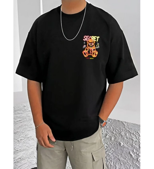 Men's Casual Cotton Blend Printed Round Neck Half Sleeve T-Shirt (Black)