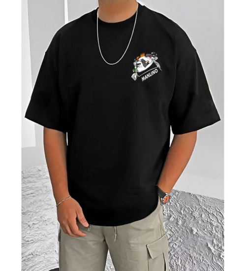 Men's Casual Cotton Blend Printed Round Neck Half Sleeve T-Shirt (Black)