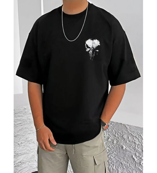 Men's Casual Cotton Blend Printed Round Neck Half Sleeve T-Shirt (Black)