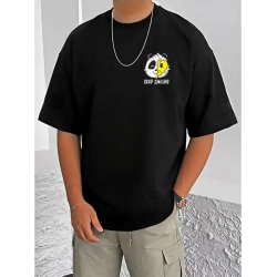 Men's Casual Cotton Blend Printed Round Neck Half Sleeve T-Shirt (Black)