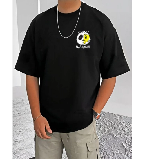 Men's Casual Cotton Blend Printed Round Neck Half Sleeve T-Shirt (Black)