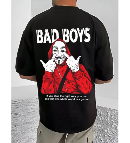 Men's Casual Cotton Blend Printed Round Neck Half Sleeve T-Shirt (Black)