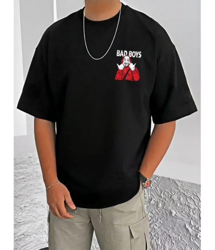 Men's Casual Cotton Blend Printed Round Neck Half Sleeve T-Shirt (Black)