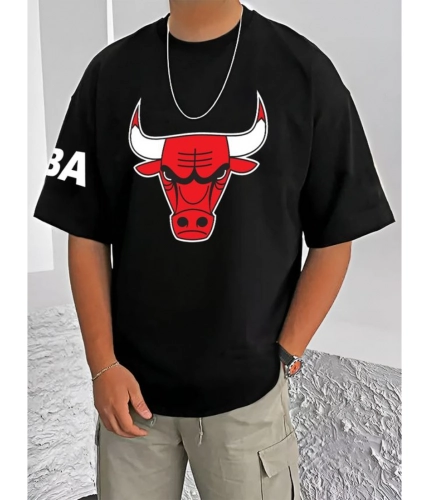 Men's Casual Cotton Blend Printed Round Neck Half Sleeve T-Shirt (Black)