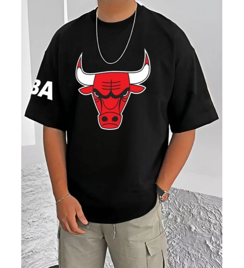 Men's Casual Cotton Blend Printed Round Neck Half Sleeve T-Shirt (Black)