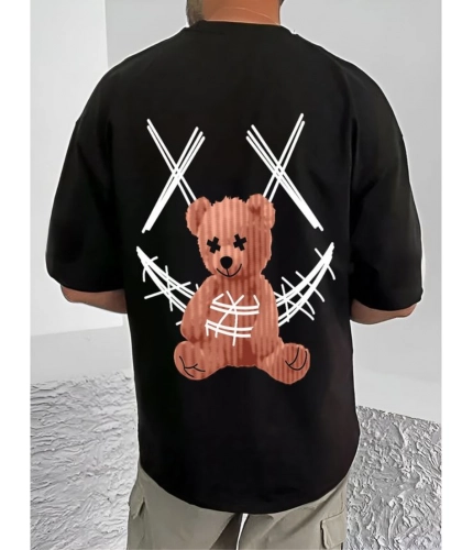 Men's Casual Cotton Blend Printed Round Neck Half Sleeve T-Shirt (Black)