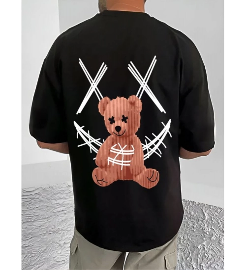 Men's Casual Cotton Blend Printed Round Neck Half Sleeve T-Shirt (Black)