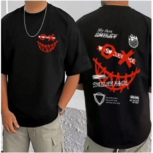Generic Men's Casual Cotton Blend Printed Round Neck Half Sleeve T-Shirt (Black)