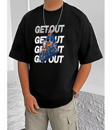 Men's Casual Cotton Blend Printed Round Neck Half Sleeve T-Shirt (Black)