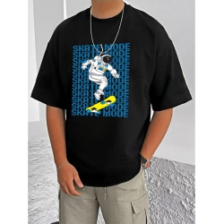 Men's Casual Cotton Blend Printed Round Neck Half Sleeve T-Shirt (Black)