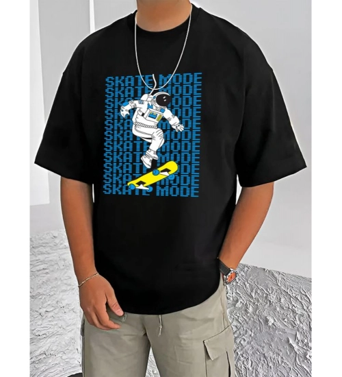 Men's Casual Cotton Blend Printed Round Neck Half Sleeve T-Shirt (Black)