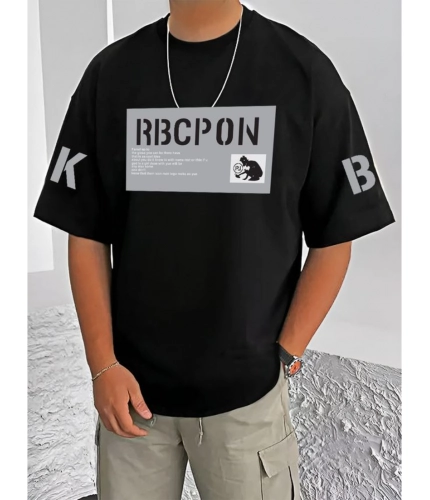 Men's Casual Cotton Blend Printed Round Neck Half Sleeve T-Shirt (Black)