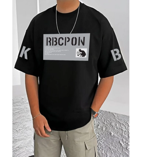 Men's Casual Cotton Blend Printed Round Neck Half Sleeve T-Shirt (Black)