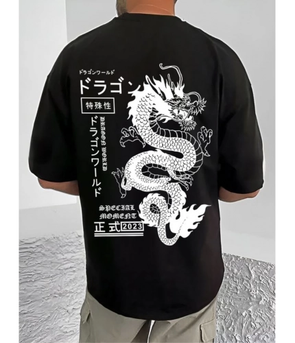 Men's Casual Cotton Blend Printed Round Neck Half Sleeve T-Shirt (Black)