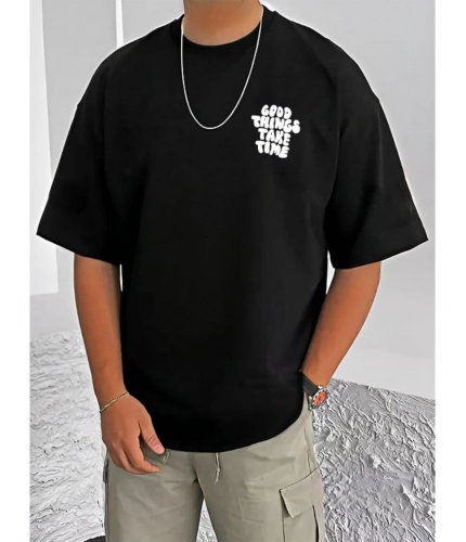 Men's Casual Cotton Blend Printed Round Neck Half Sleeve T-Shirt (Black)