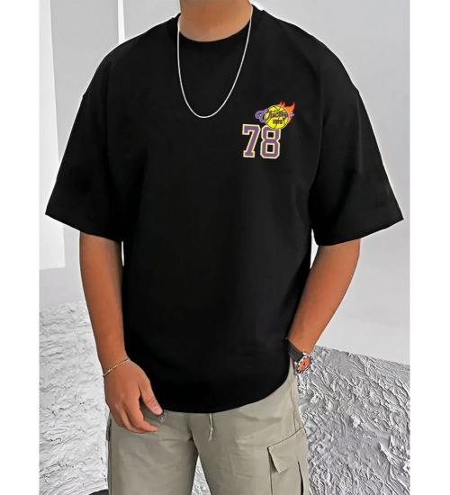 Men's Casual Cotton Blend Printed Round Neck Half Sleeve T-Shirt (Black)