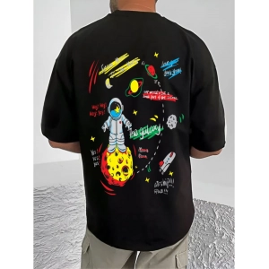 Generic Men's Casual Cotton Blend Printed Round Neck Half Sleeve T-Shirt (Black)