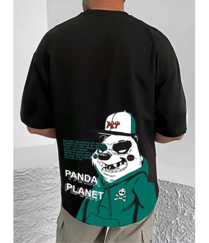 Men's Casual Cotton Blend Printed Round Neck Half Sleeve T-Shirt (Black)