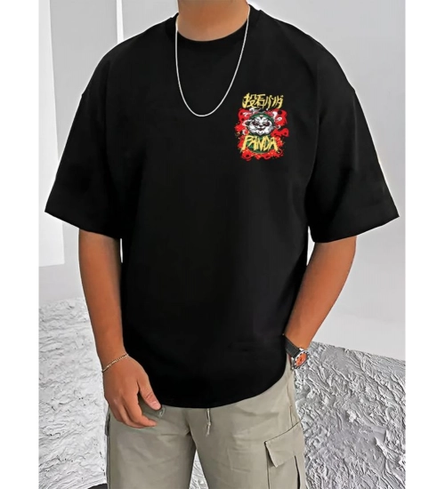 Men's Casual Cotton Blend Printed Round Neck Half Sleeve T-Shirt (Black)