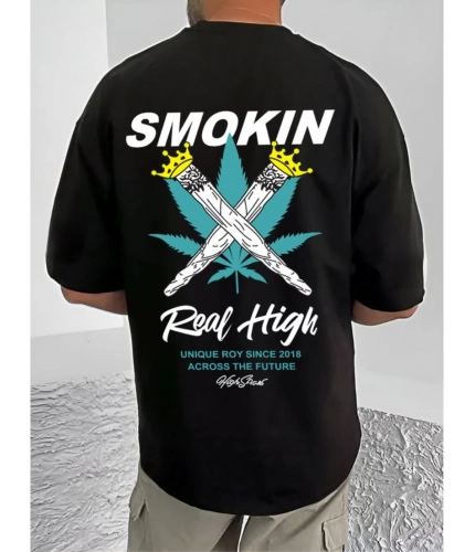 Men's Casual Cotton Blend Printed Round Neck Half Sleeve T-Shirt (Black)