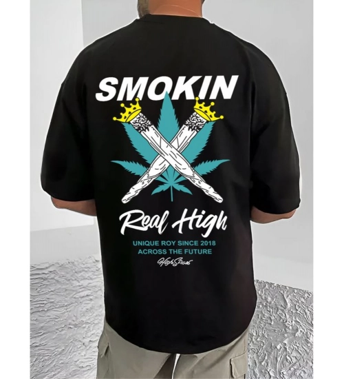 Men's Casual Cotton Blend Printed Round Neck Half Sleeve T-Shirt (Black)