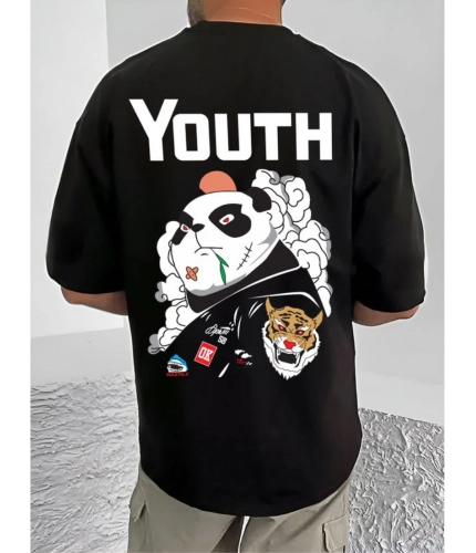 Men's Casual Cotton Blend Printed Round Neck Half Sleeve T-Shirt (Black)