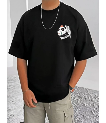 Men's Casual Cotton Blend Printed Round Neck Half Sleeve T-Shirt (Black)