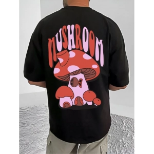 Generic Men's Casual Cotton Blend Printed Round Neck Half Sleeve T-Shirt (Black)