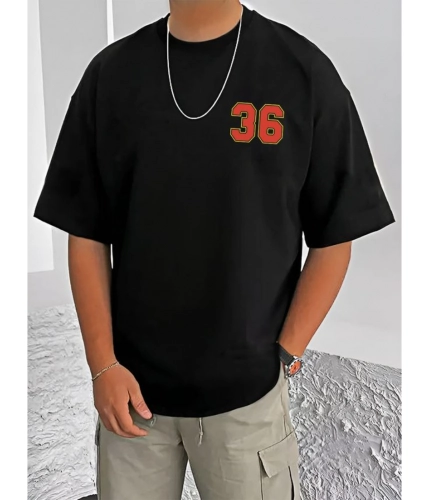 Men's Casual Cotton Blend Printed Round Neck Half Sleeve T-Shirt (Black)