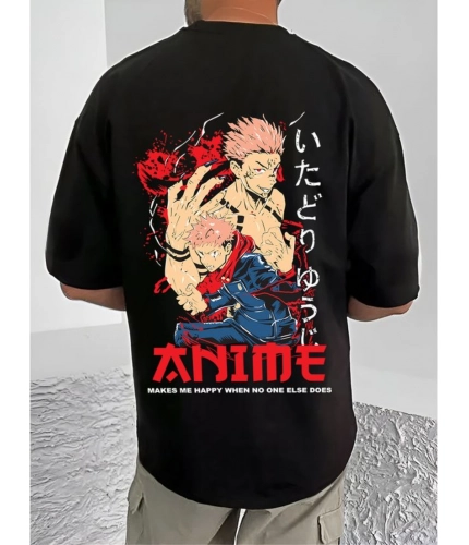 Men's Casual Cotton Blend Printed Round Neck Half Sleeve T-Shirt (Black)