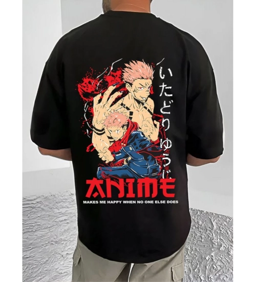 Men's Casual Cotton Blend Printed Round Neck Half Sleeve T-Shirt (Black)