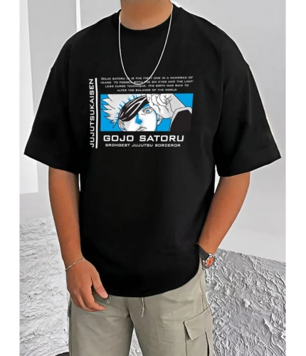 Men's Casual Cotton Blend Printed Round Neck Half Sleeve T-Shirt (Black)