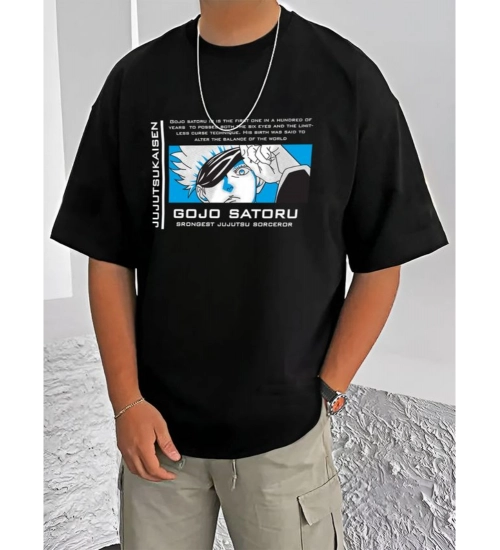 Men's Casual Cotton Blend Printed Round Neck Half Sleeve T-Shirt (Black)