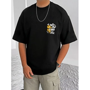 Generic Men's Casual Cotton Blend Printed Round Neck Half Sleeve T-Shirt (Black)