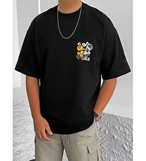 Men's Casual Cotton Blend Printed Round Neck Half Sleeve T-Shirt (Black)