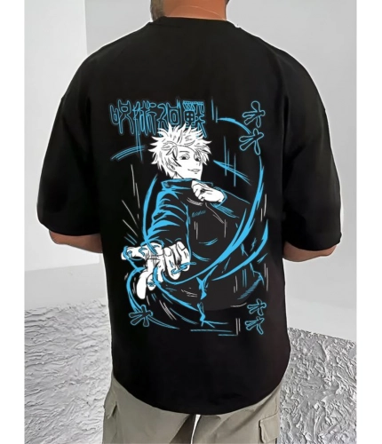 Men's Casual Cotton Blend Printed Round Neck Half Sleeve T-Shirt (Black)