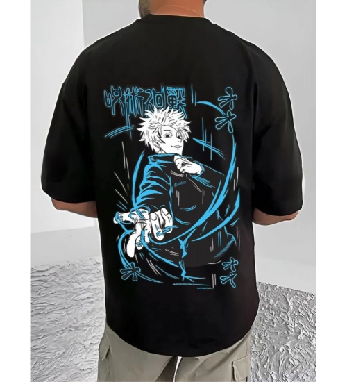 Men's Casual Cotton Blend Printed Round Neck Half Sleeve T-Shirt (Black)